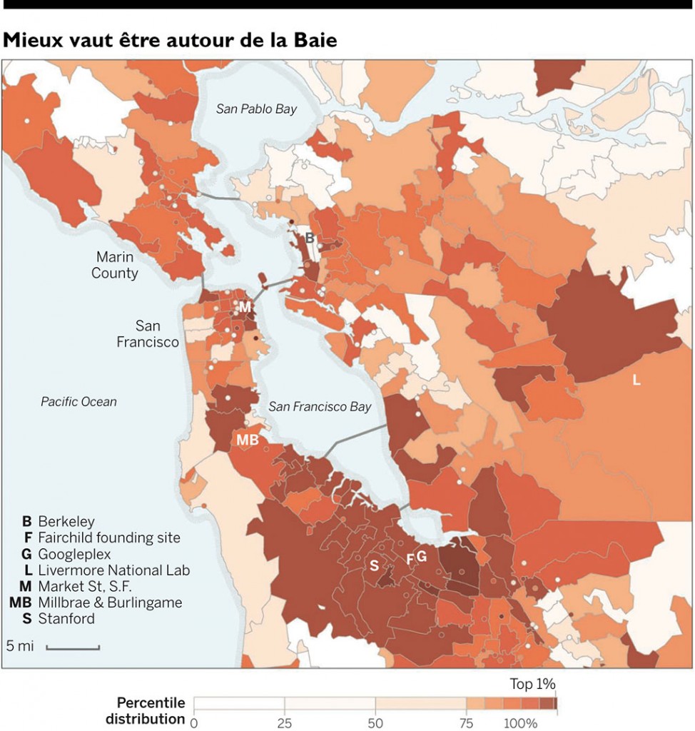 Cartographie de la qualité entrepreneuriale par code postal [ZIP code]. Baie de San Francisco. Les points indiquent les codes postaux associes a une adresse unique.