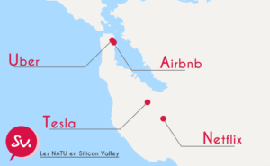 Carte des Natu et de leur siège social en Silicon Valley San Francisco (Netflix, Airbnb, Tesla, Uber)